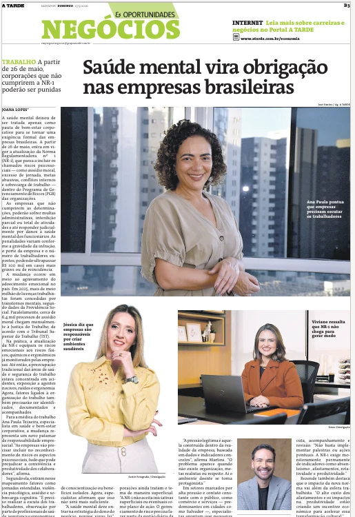 Reportagem do jornal A Tarde sobre saúde mental nas empresas brasileiras com participação da Dra. Ana Paula Teixeira